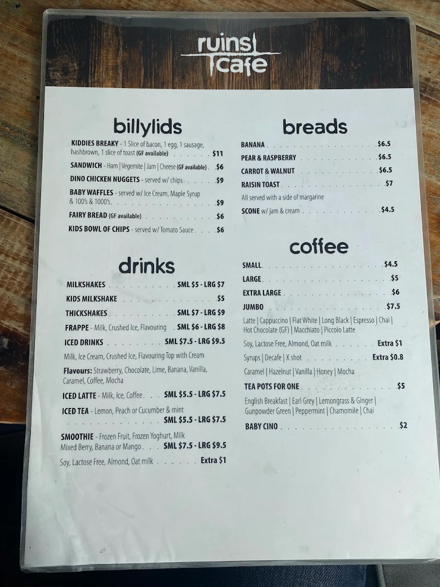 Menu, Ruins Cafe