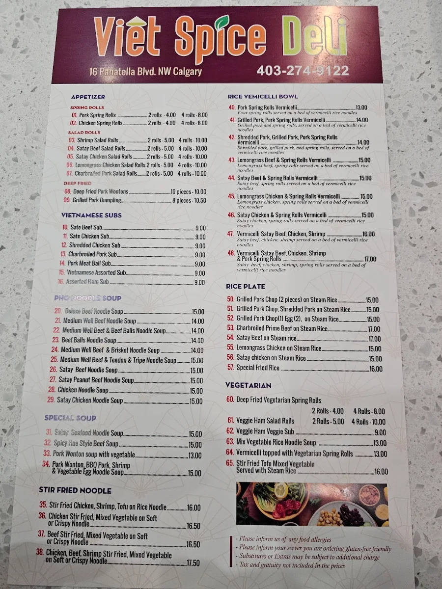 Menu, Viet Spice Deli
