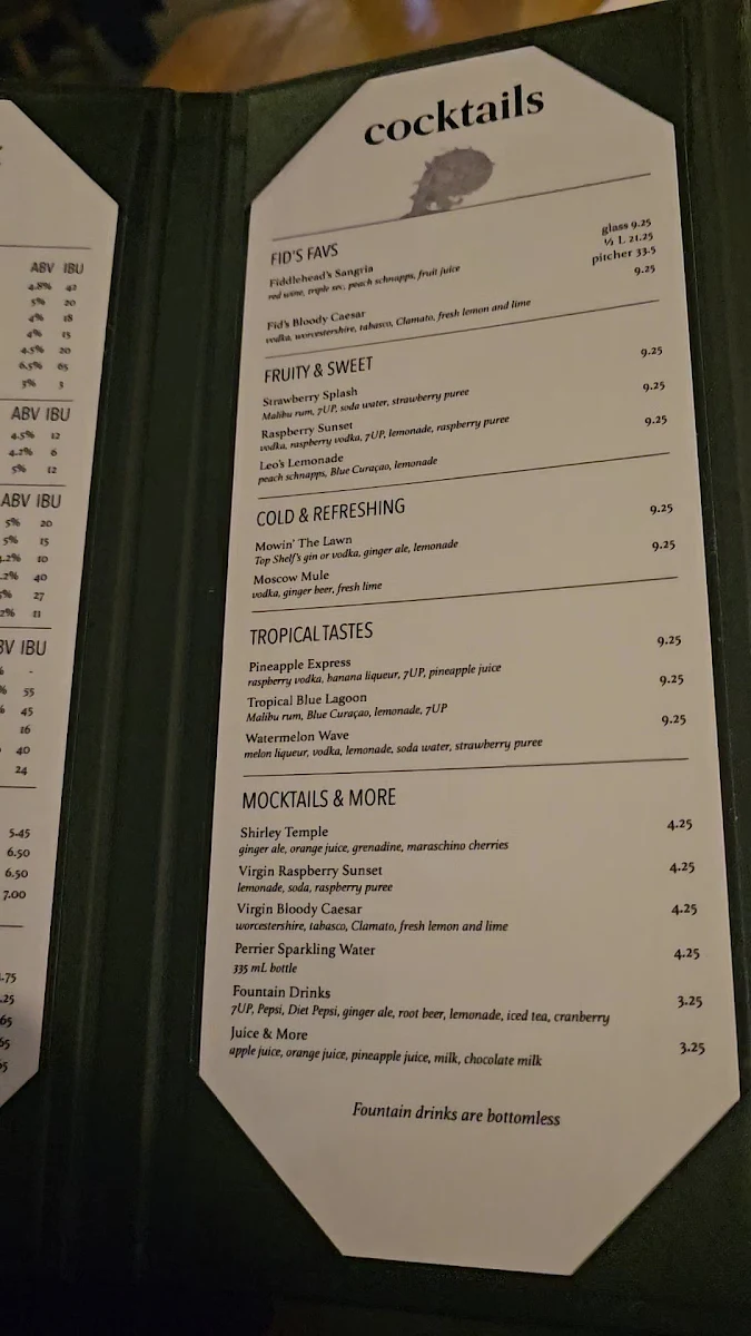Menu, Fiddleheads Bar and Grill
