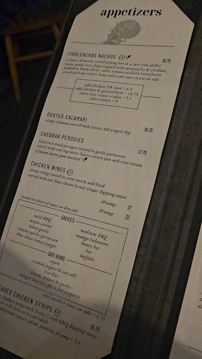 Menu, Fiddleheads Bar and Grill