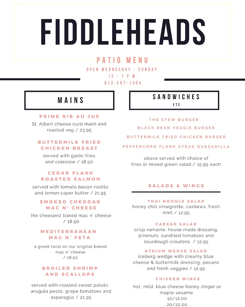 Menu, Fiddleheads Bar and Grill