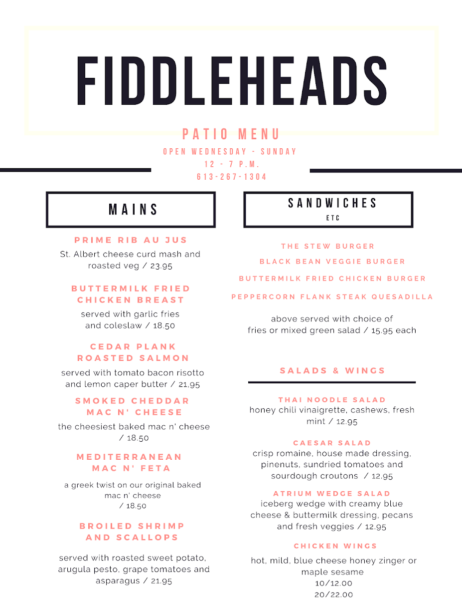 Menu, Fiddleheads Bar and Grill