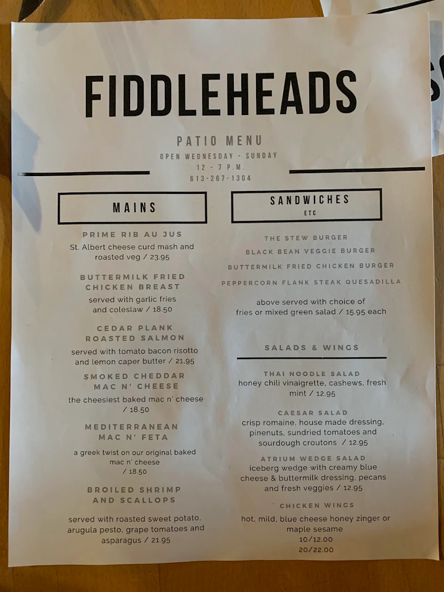 Menu, Fiddleheads Bar and Grill