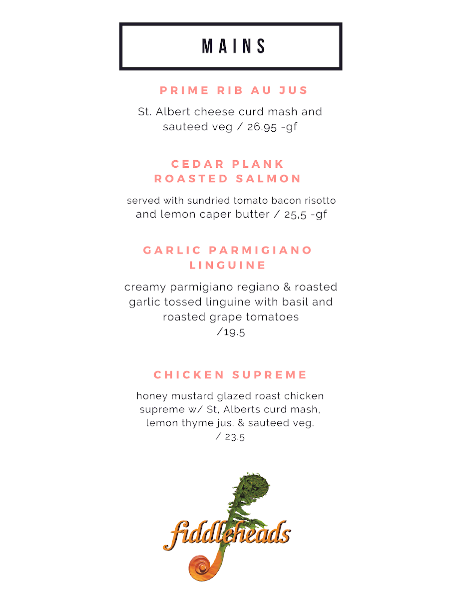 Menu, Fiddleheads Bar and Grill