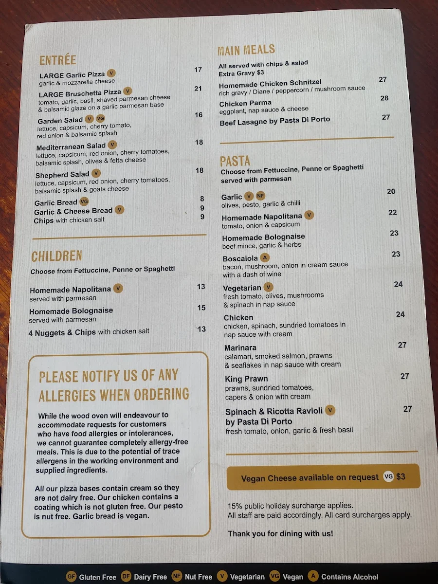 Menu, The Wood Oven - Nelson Bay
