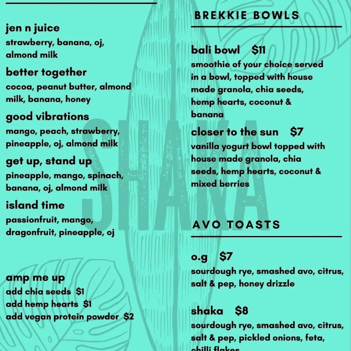 Menu, Shaka Farm To Beach