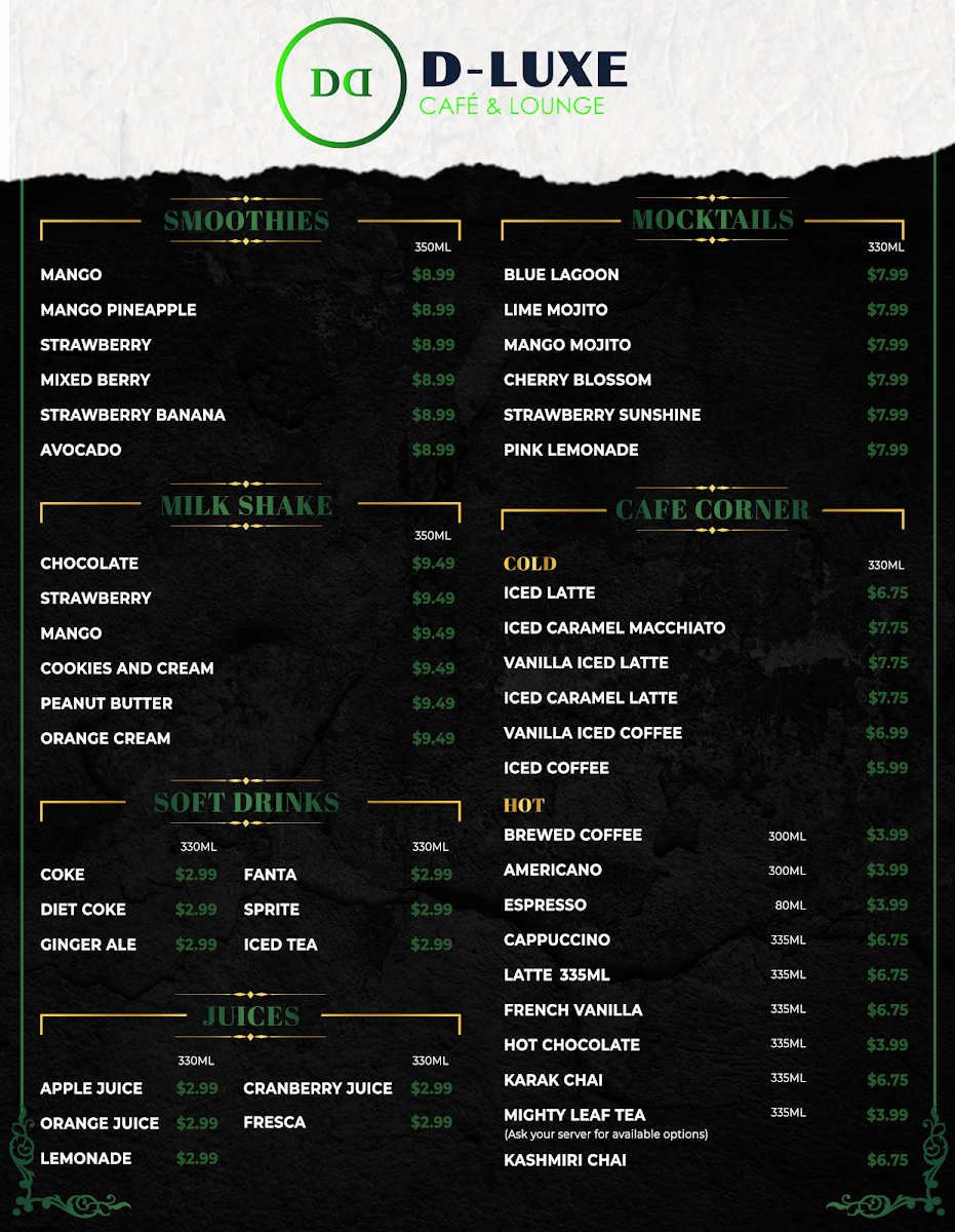 Menu, D-Luxé Cafe & Lounge