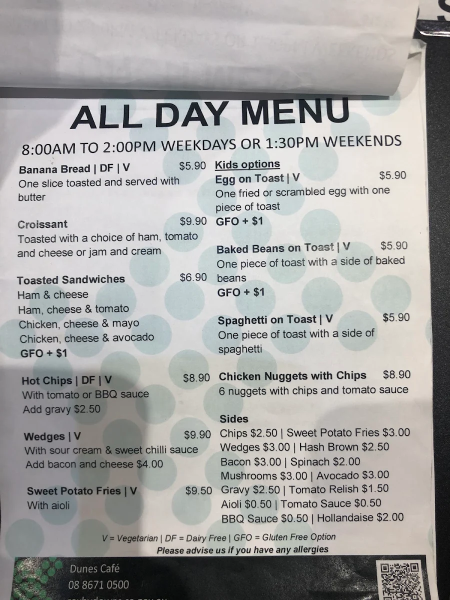 Menu, Dunes Cafe