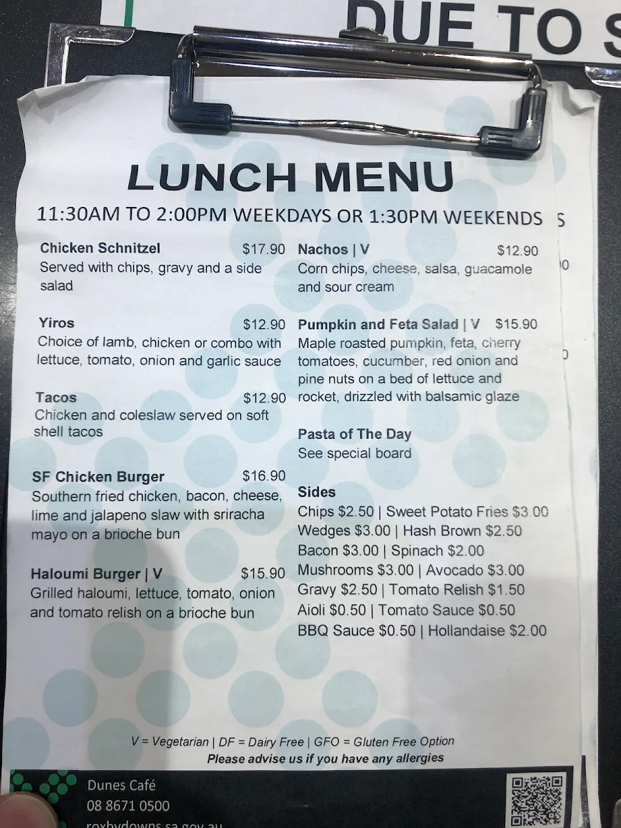 Menu, Dunes Cafe