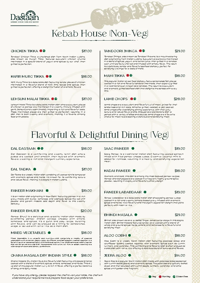 Menu, Dastaan Modern Indian Cafe and Bistro