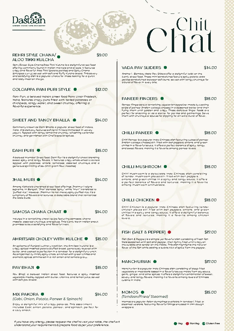 Menu, Dastaan Modern Indian Cafe and Bistro
