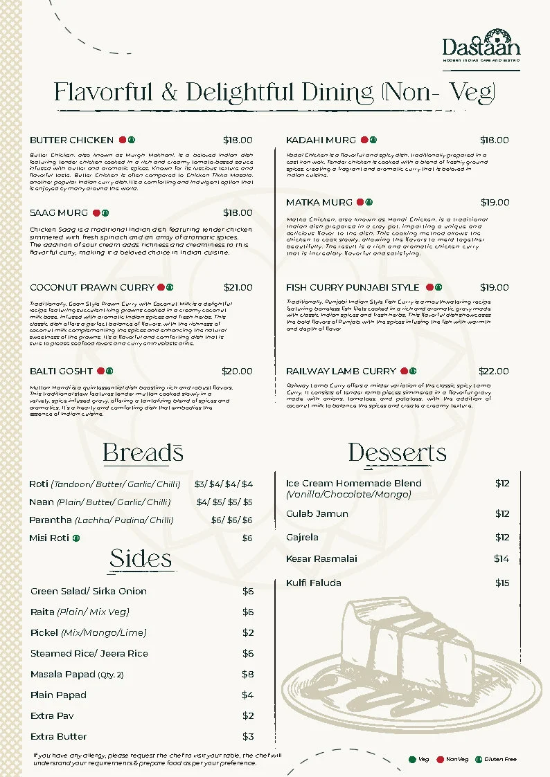 Menu, Dastaan Modern Indian Cafe and Bistro