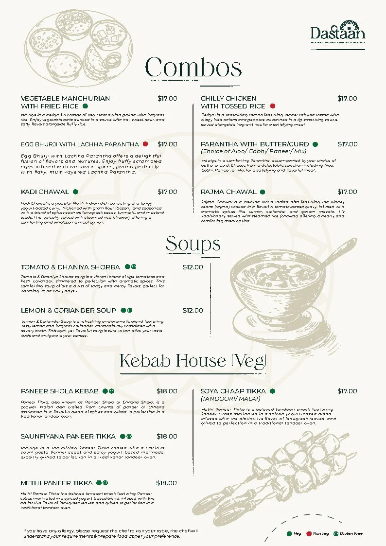 Menu, Dastaan Modern Indian Cafe and Bistro