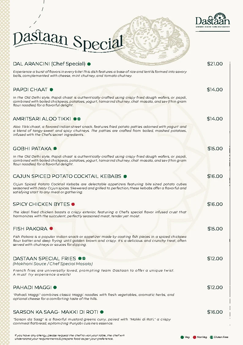 Menu, Dastaan Modern Indian Cafe and Bistro