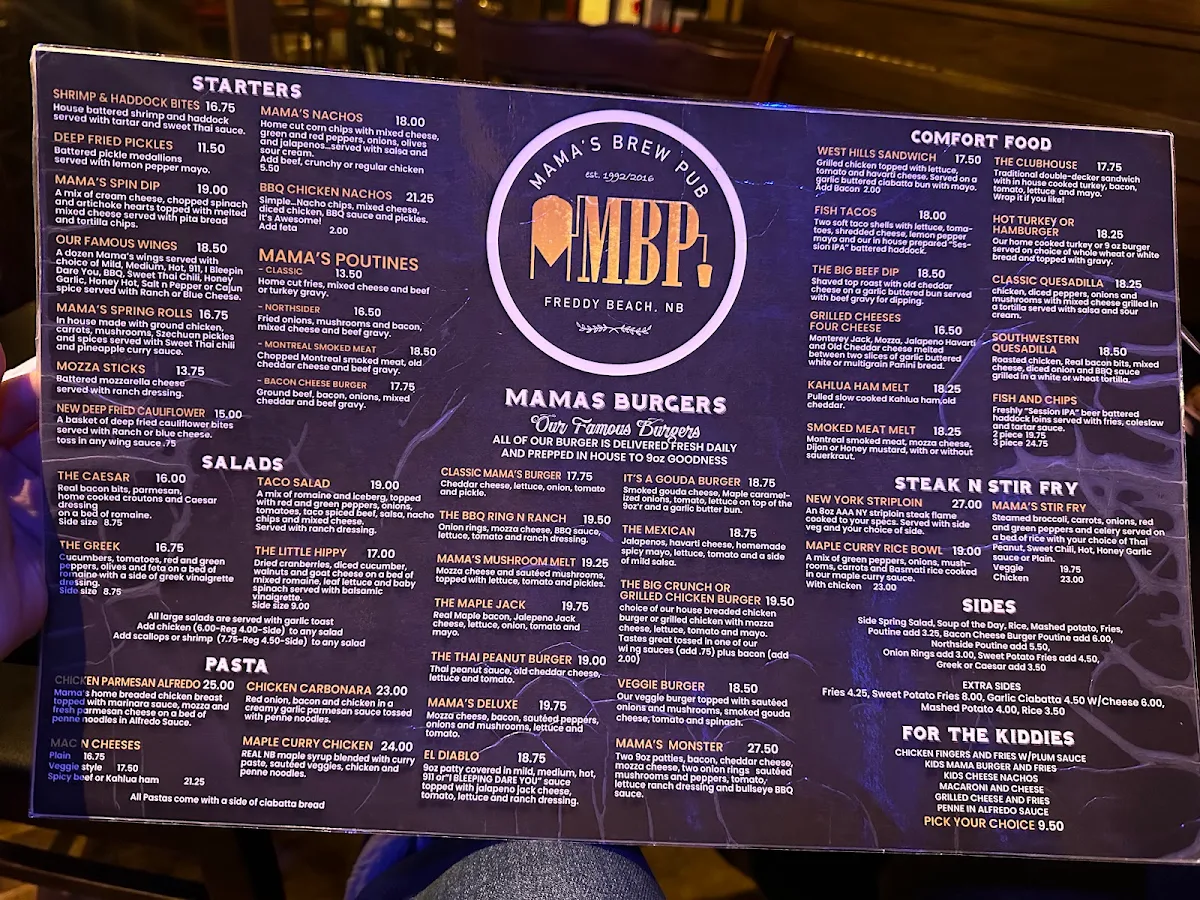 Menu, Mama's Brew Pub