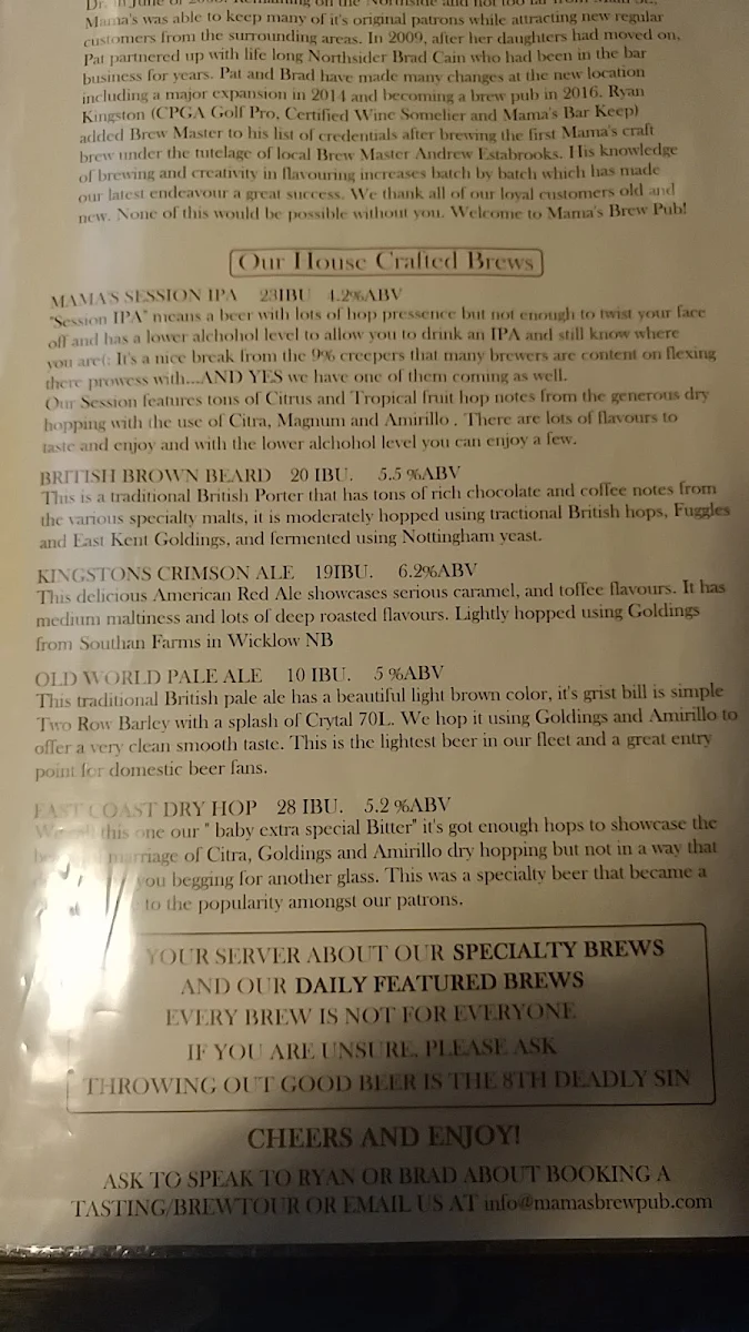 Menu, Mama's Brew Pub