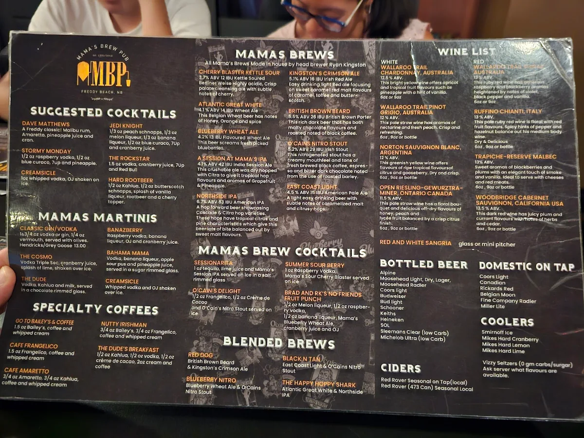 Menu, Mama's Brew Pub