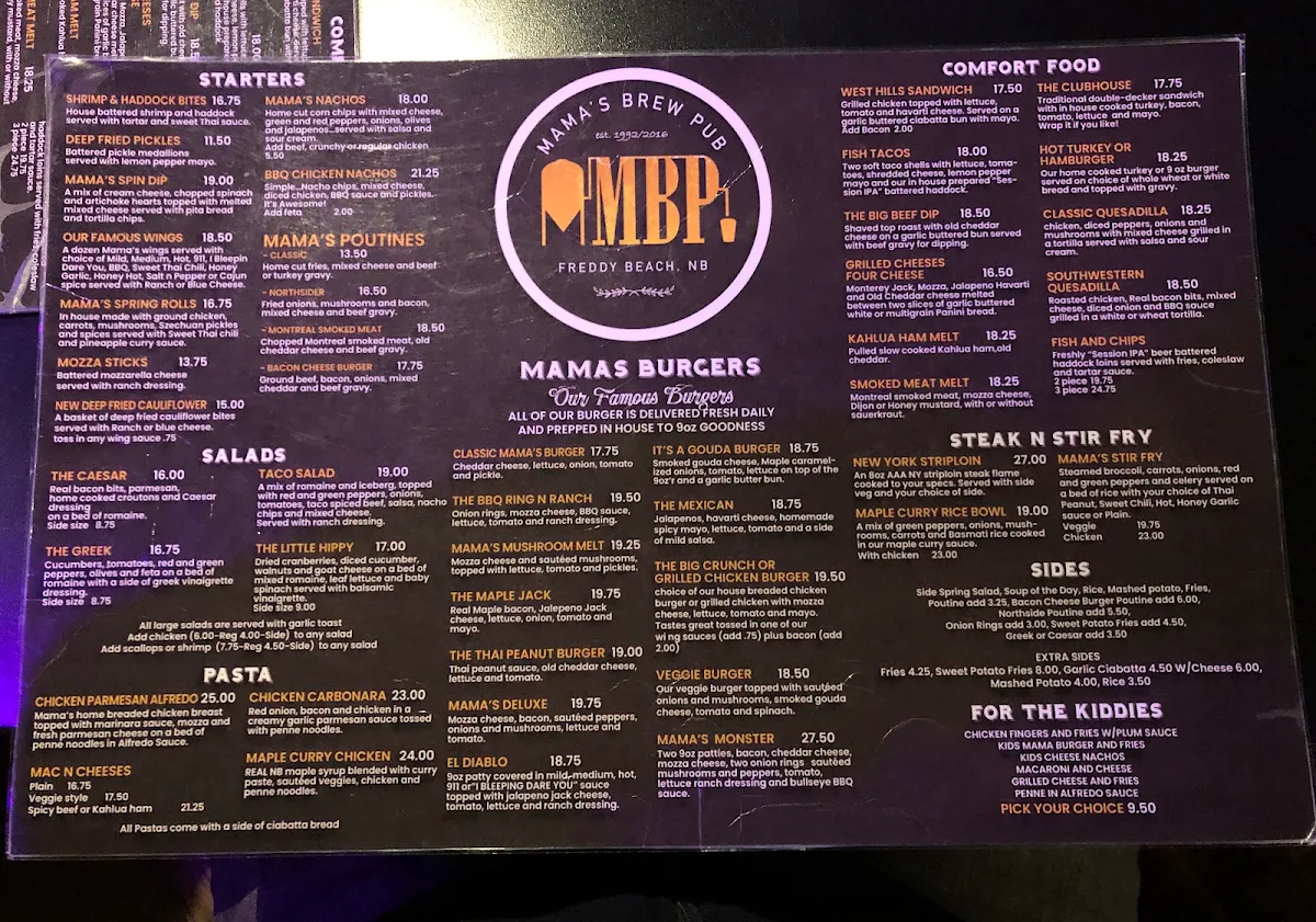 Menu, Mama's Brew Pub