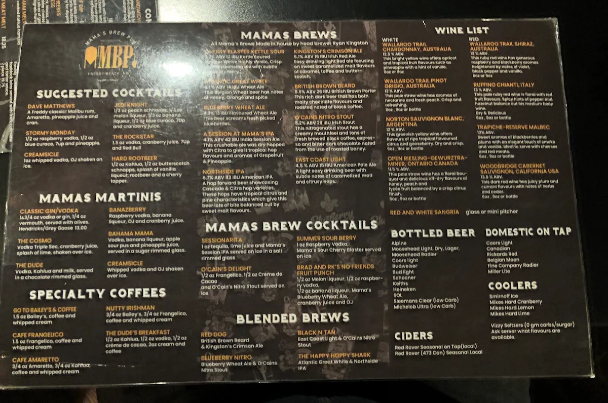 Menu, Mama's Brew Pub