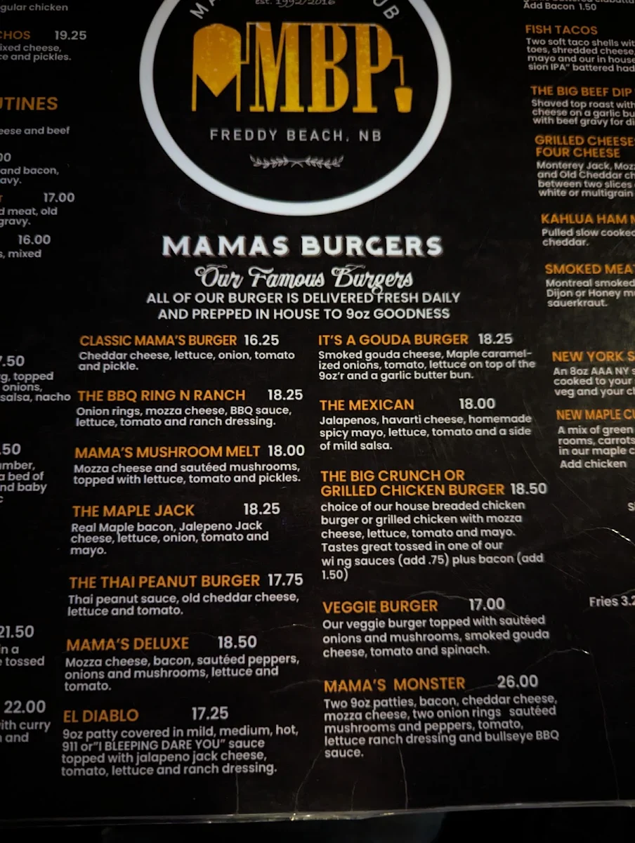 Menu, Mama's Brew Pub