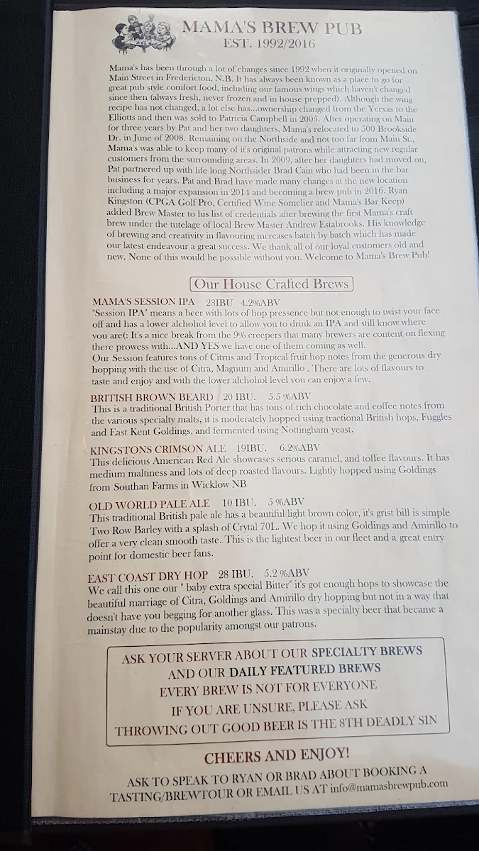 Menu, Mama's Brew Pub