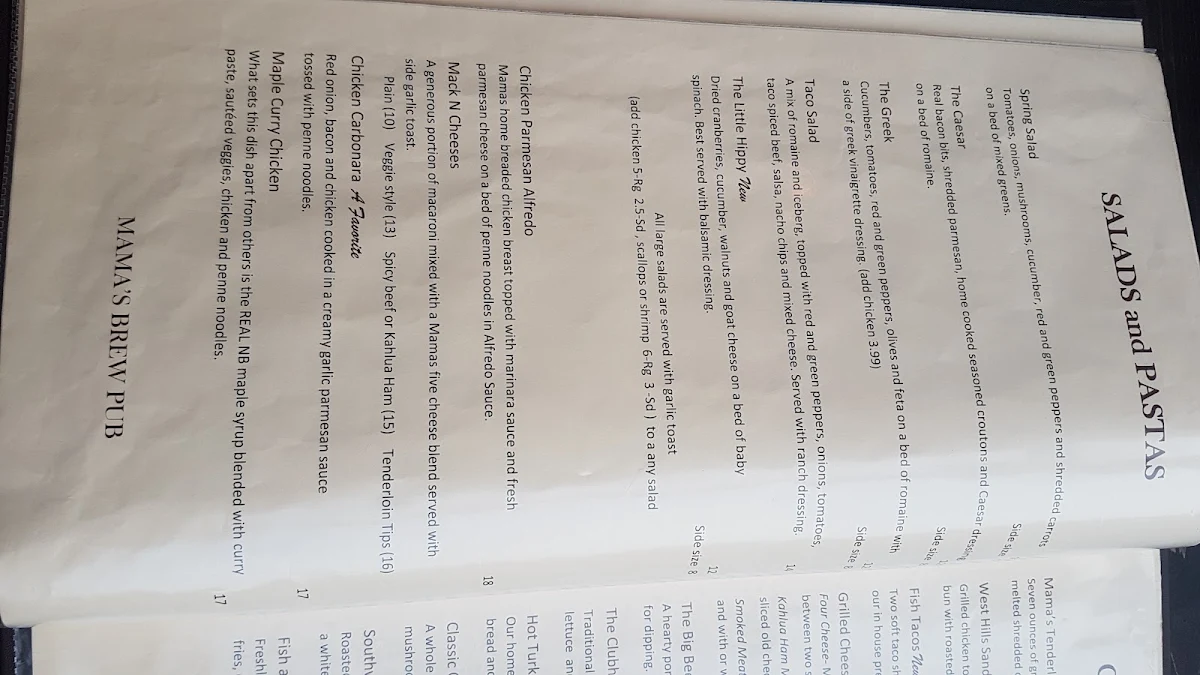 Menu, Mama's Brew Pub