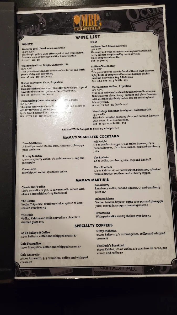 Menu, Mama's Brew Pub