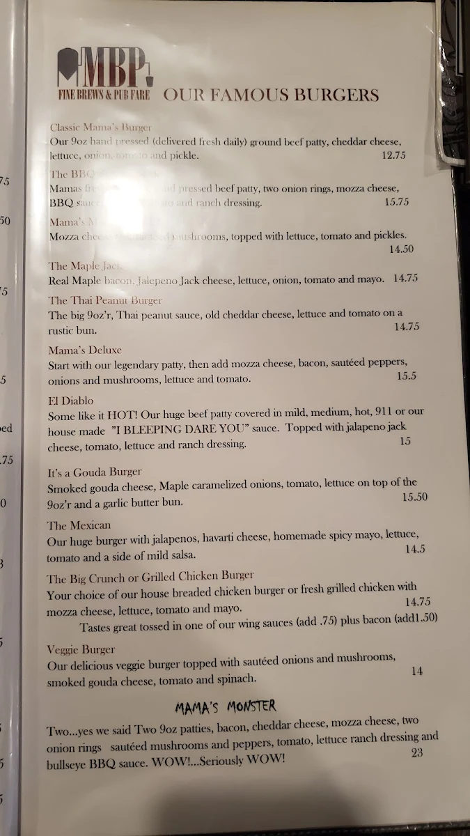 Menu, Mama's Brew Pub