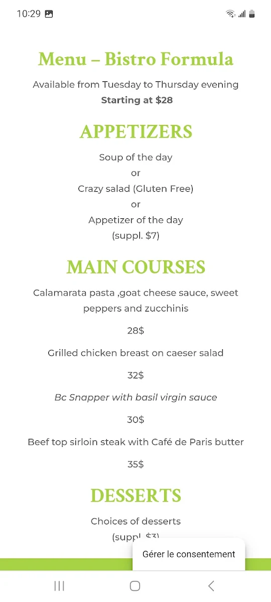 Menu, Restaurant Le Surcouf