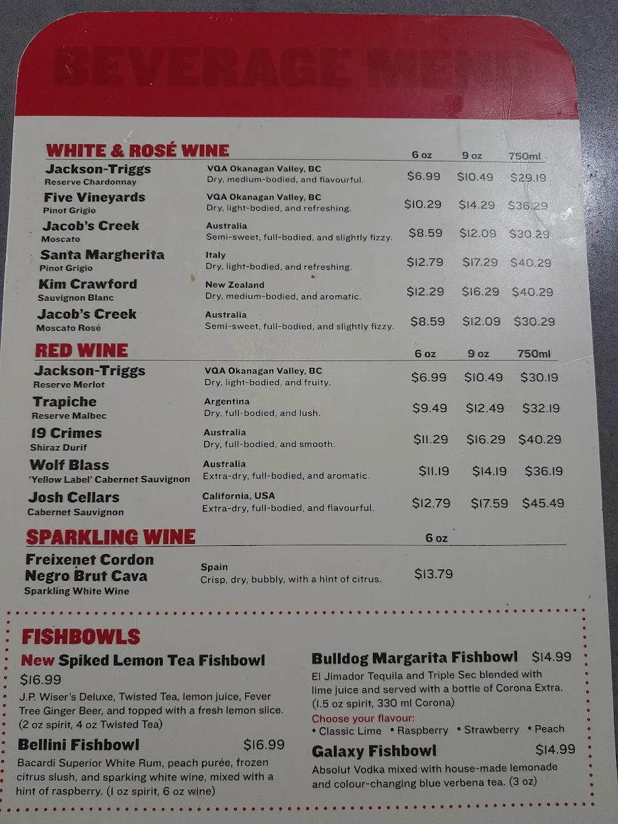 Menu, Boston Pizza