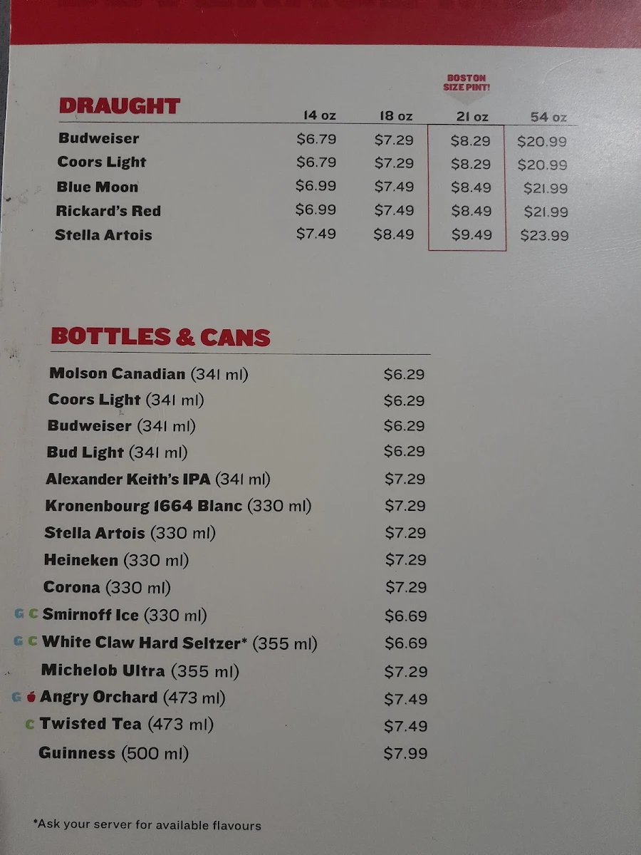 Menu, Boston Pizza