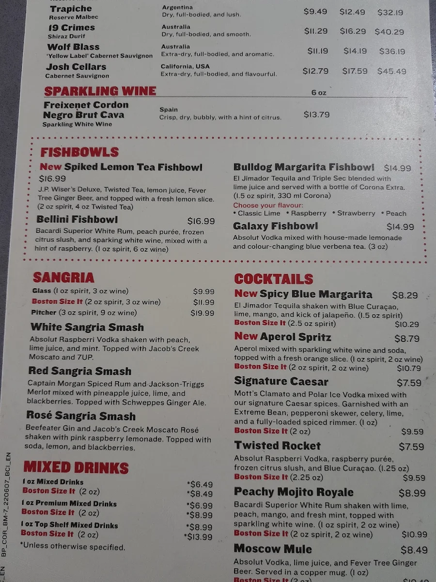 Menu, Boston Pizza