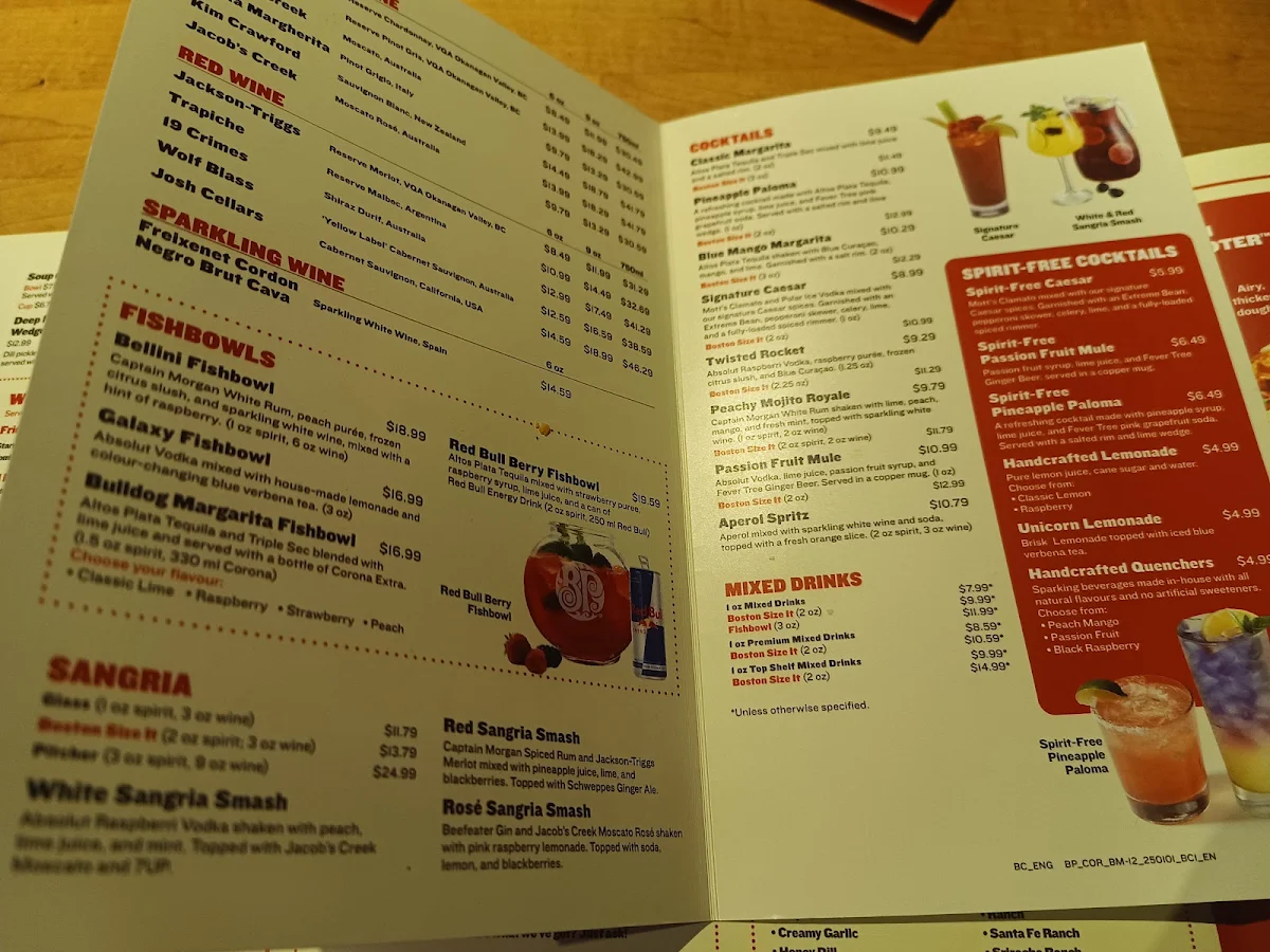 Menu, Boston Pizza