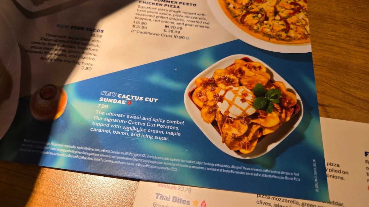 Menu, Boston Pizza