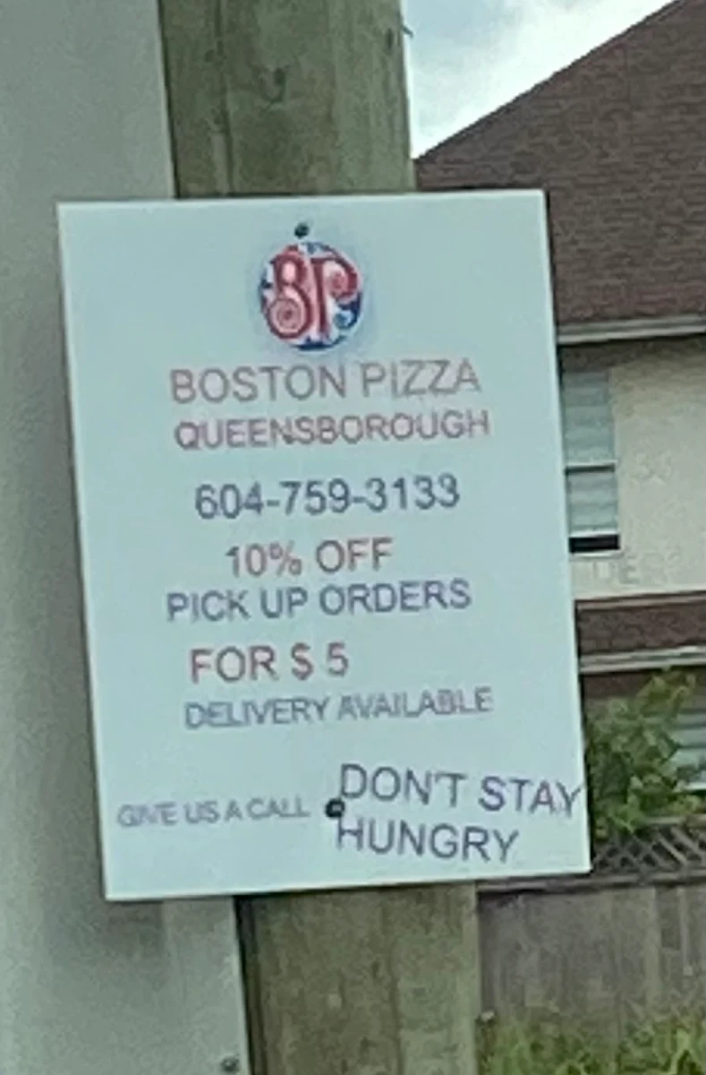 Menu, Boston Pizza