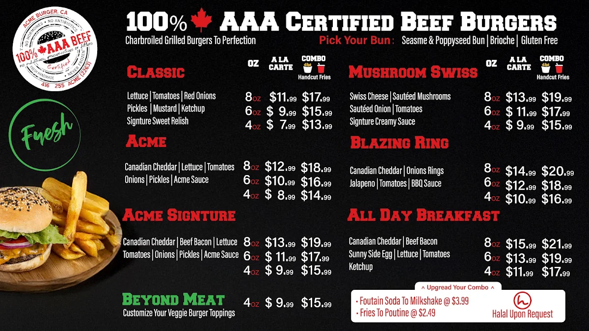 Menu, Acme Burger Company