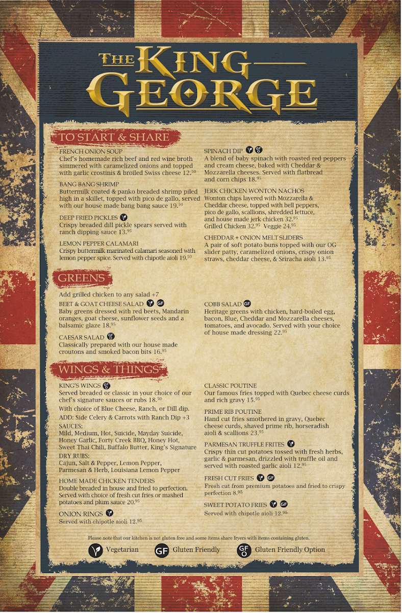 Menu, The King George Pub