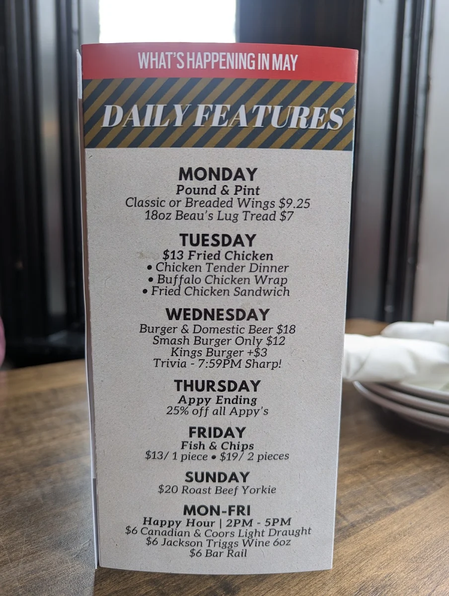 Menu, The King George Pub