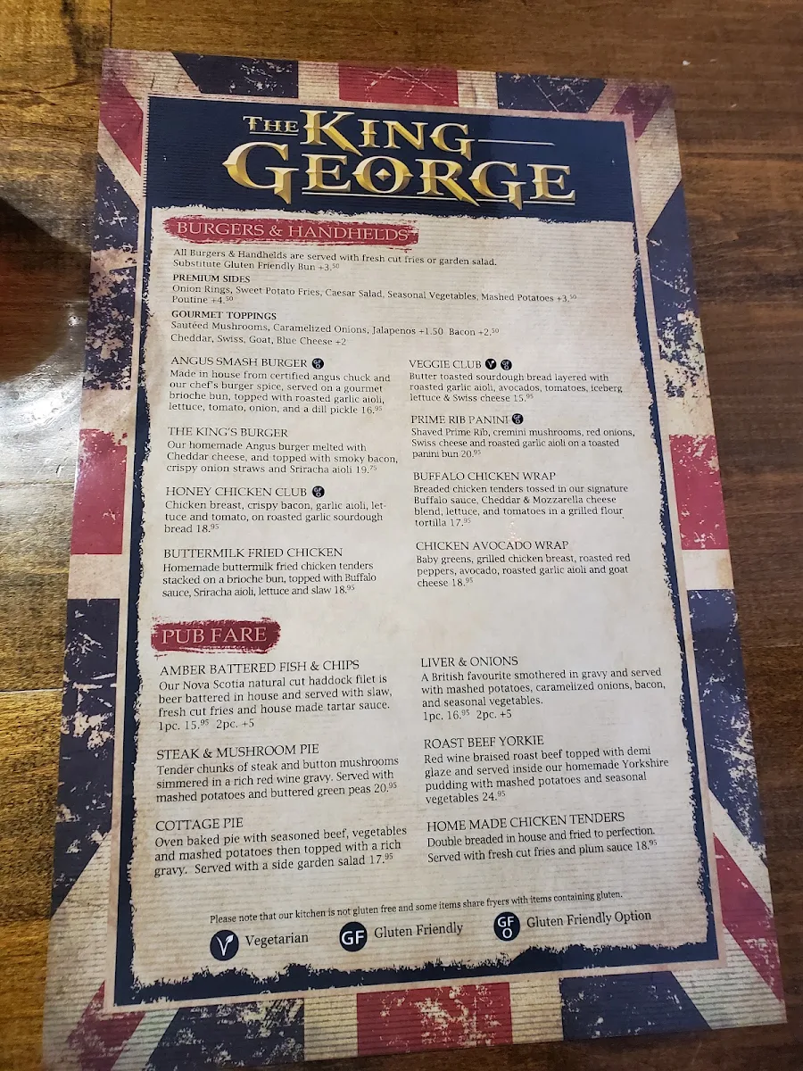 Menu, The King George Pub