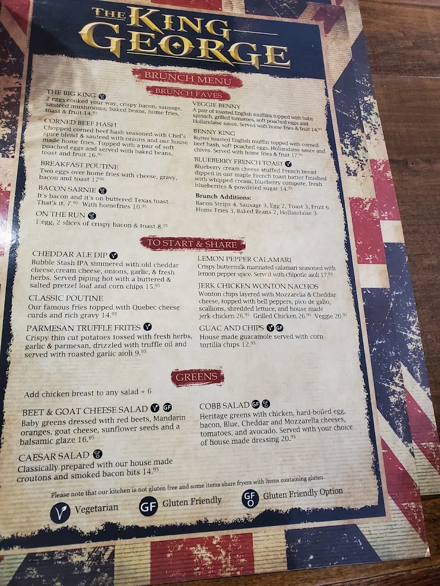 Menu, The King George Pub