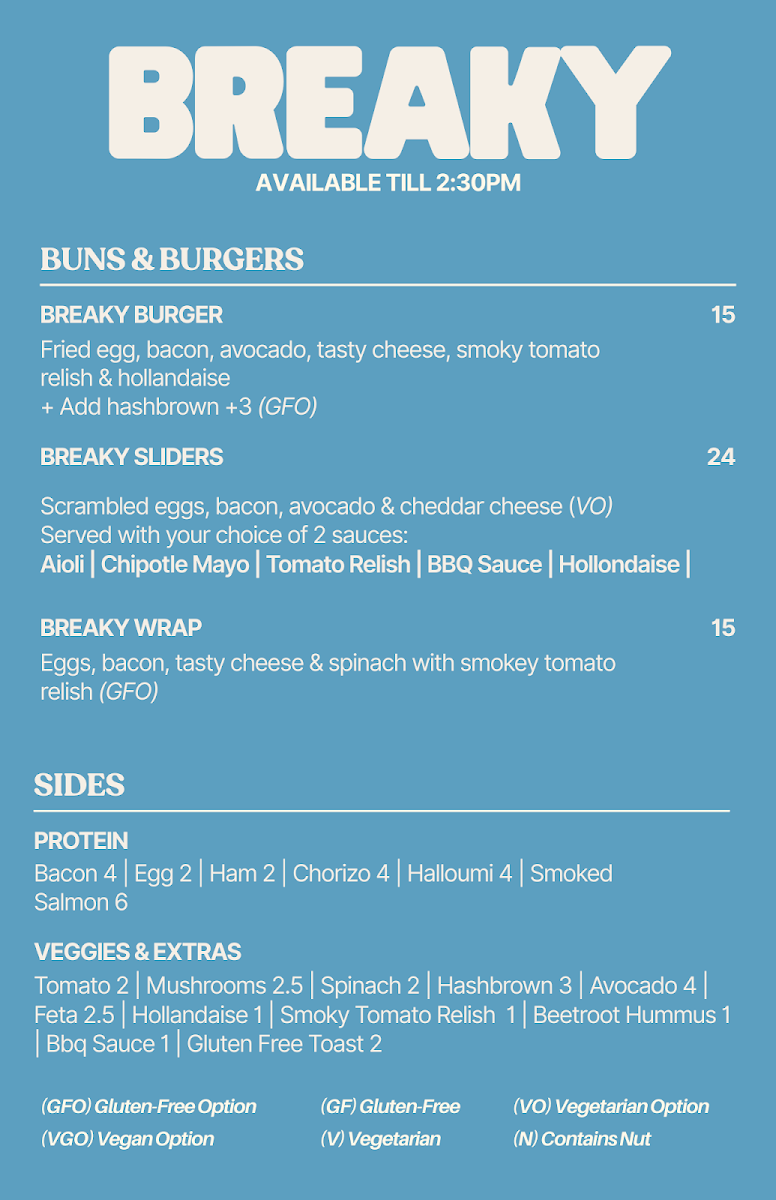 Menu, Surf Break Cafe Torquay