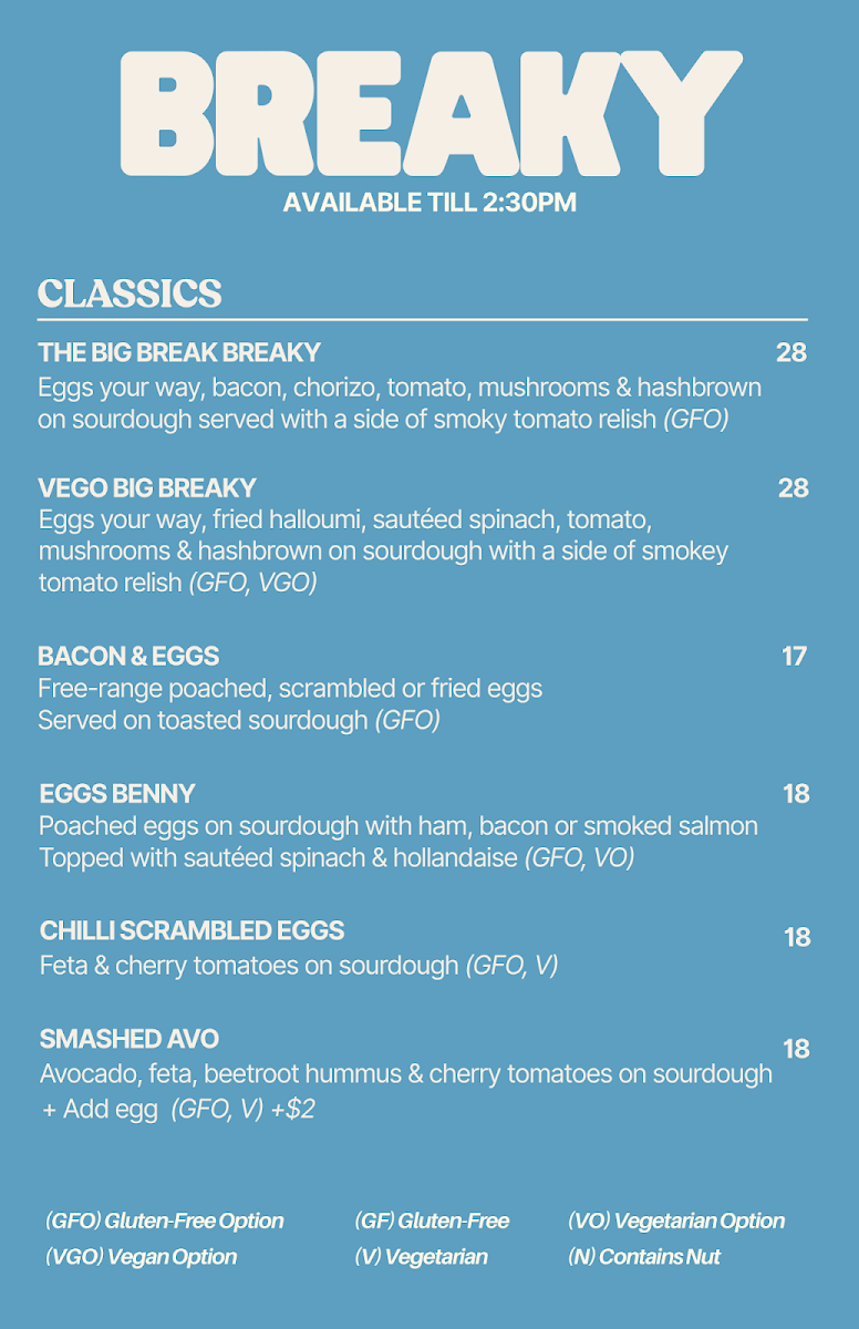 Menu, Surf Break Cafe Torquay