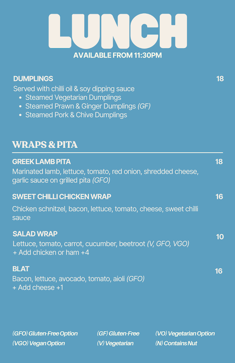 Menu, Surf Break Cafe Torquay