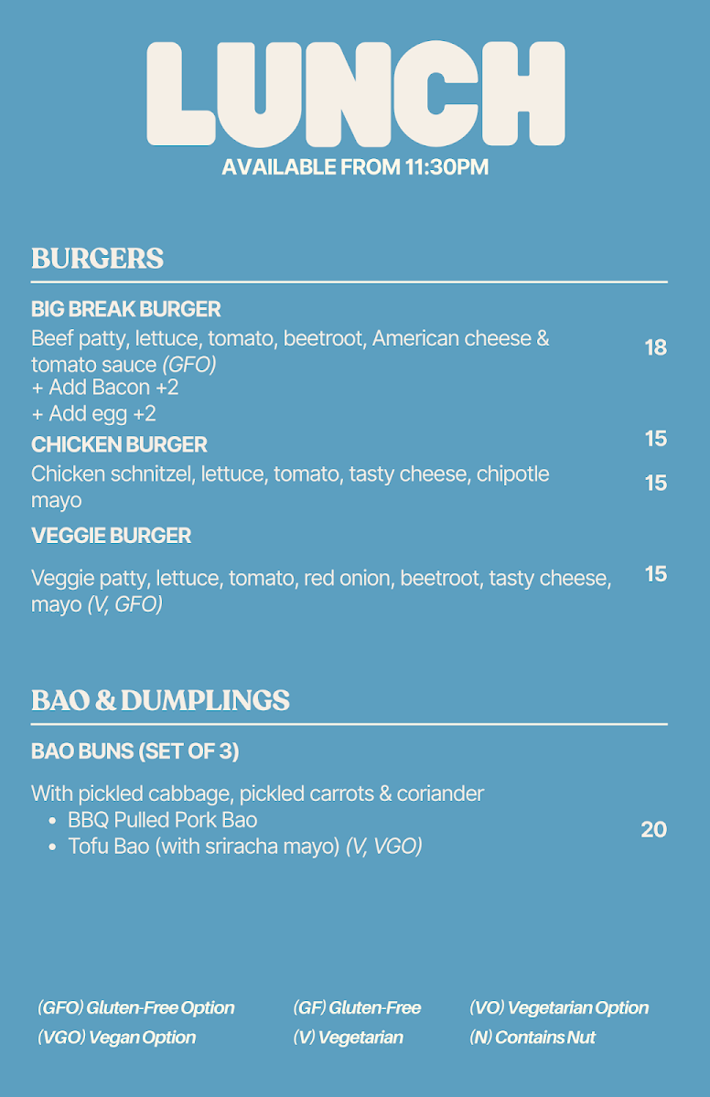 Menu, Surf Break Cafe Torquay