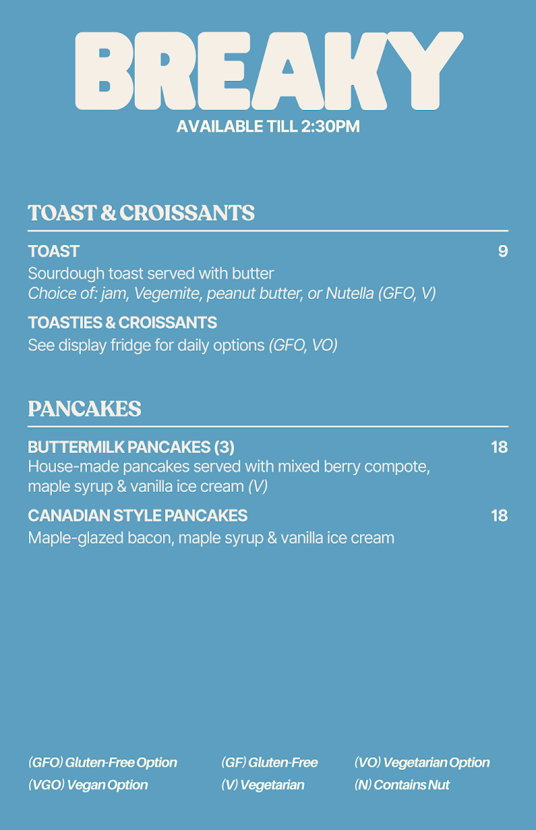 Menu, Surf Break Cafe Torquay