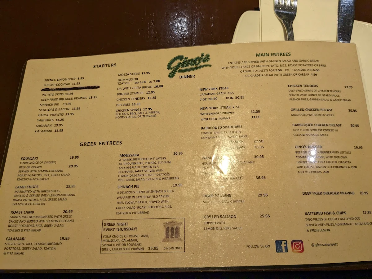 Menu, Gino's Restaurant