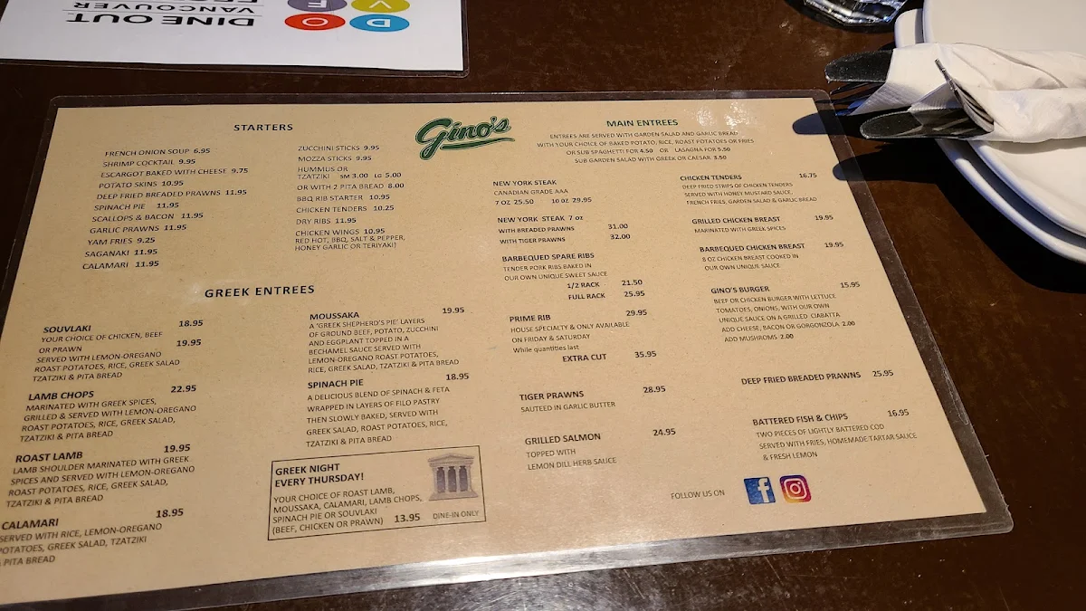 Menu, Gino's Restaurant