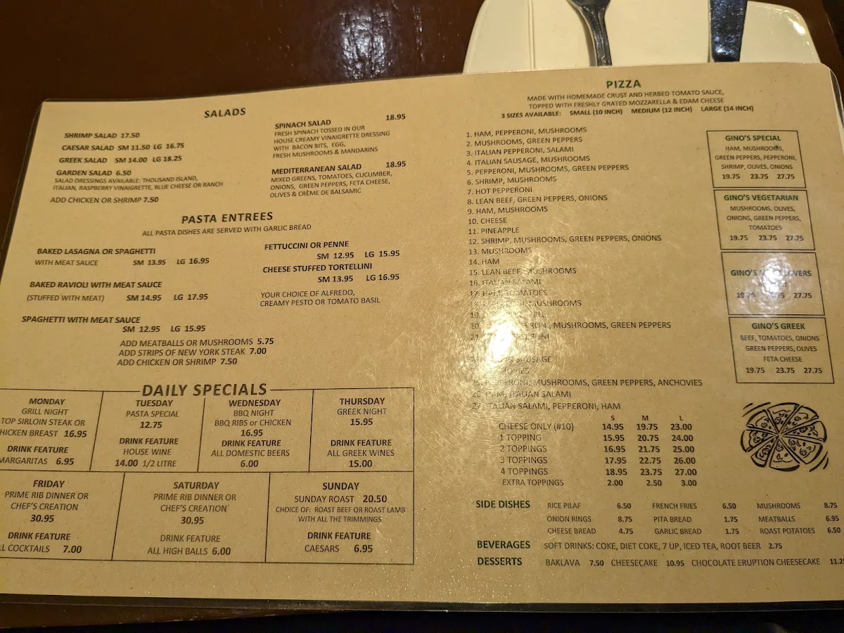 Menu, Gino's Restaurant