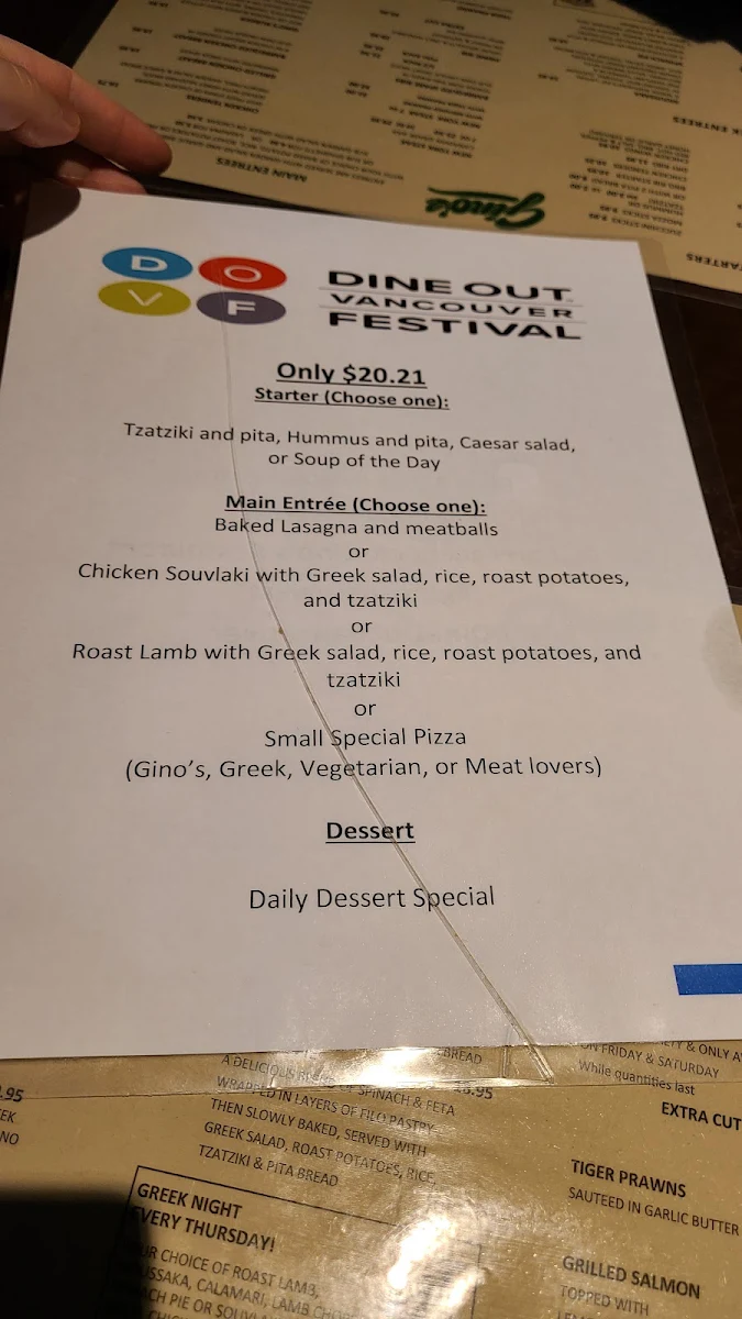 Menu, Gino's Restaurant