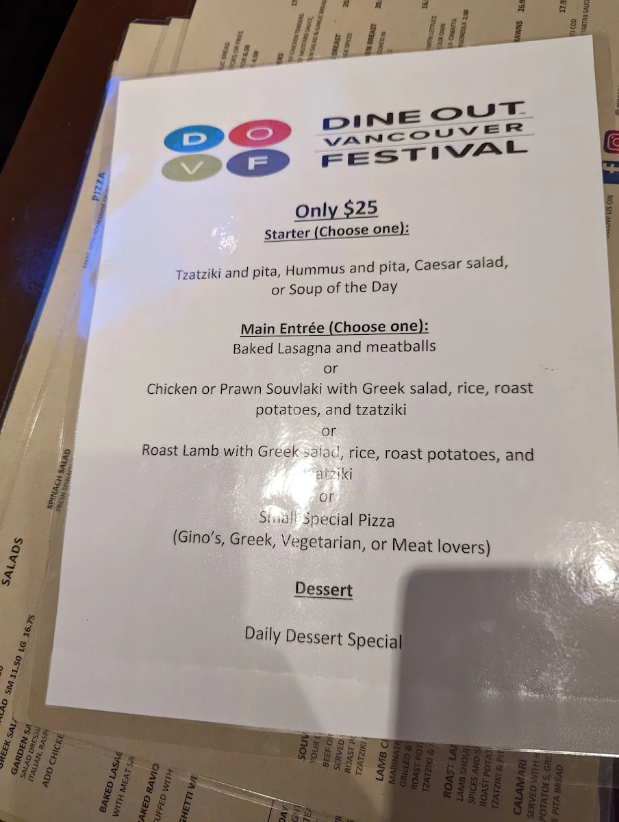 Menu, Gino's Restaurant